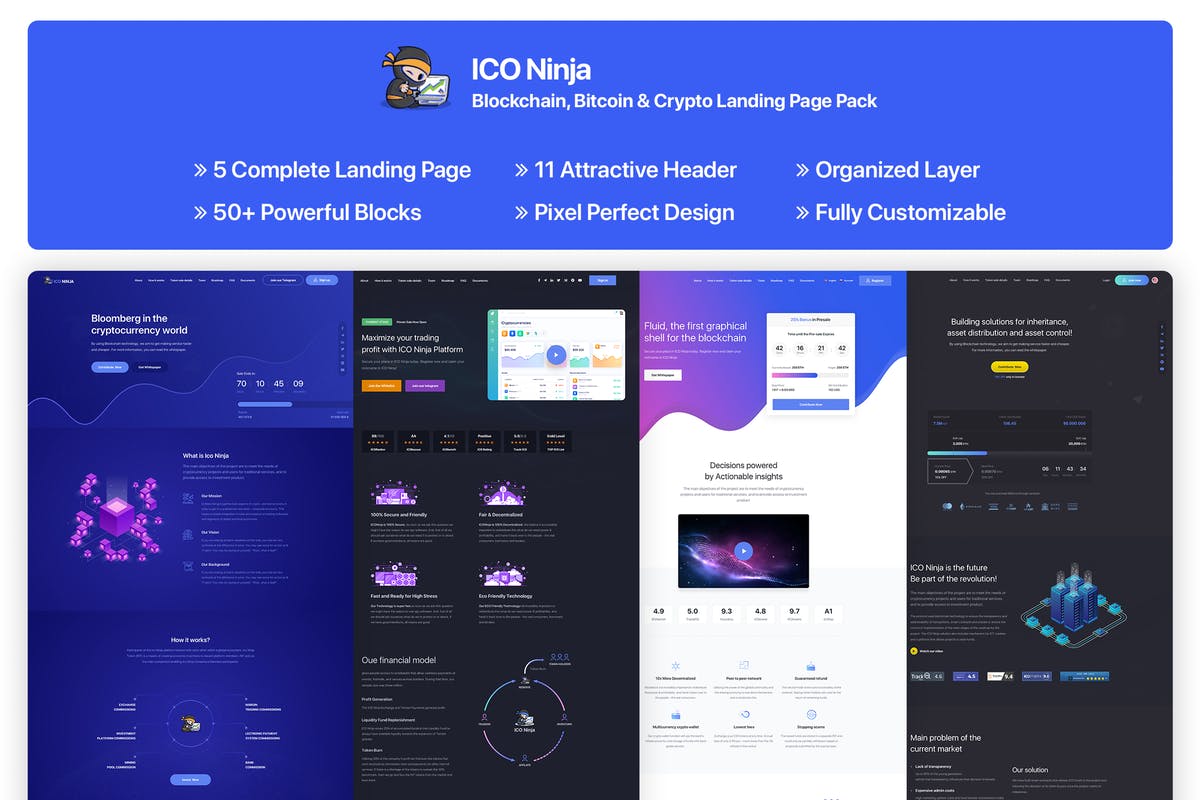 区块链/加密货币/比特币概念插画创意着陆页UI模板合集 Blockchain, Crypto & Bitcoin Landing Page Pack