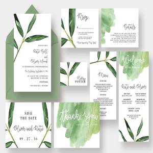 水彩叶子花边婚礼邀请函模板套装 Watercolor Leaf Wedding Suite
