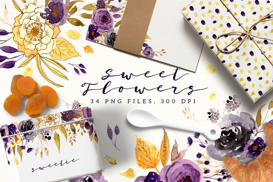 甜蜜手绘水彩花卉图案花样合集 Sweet Flowers