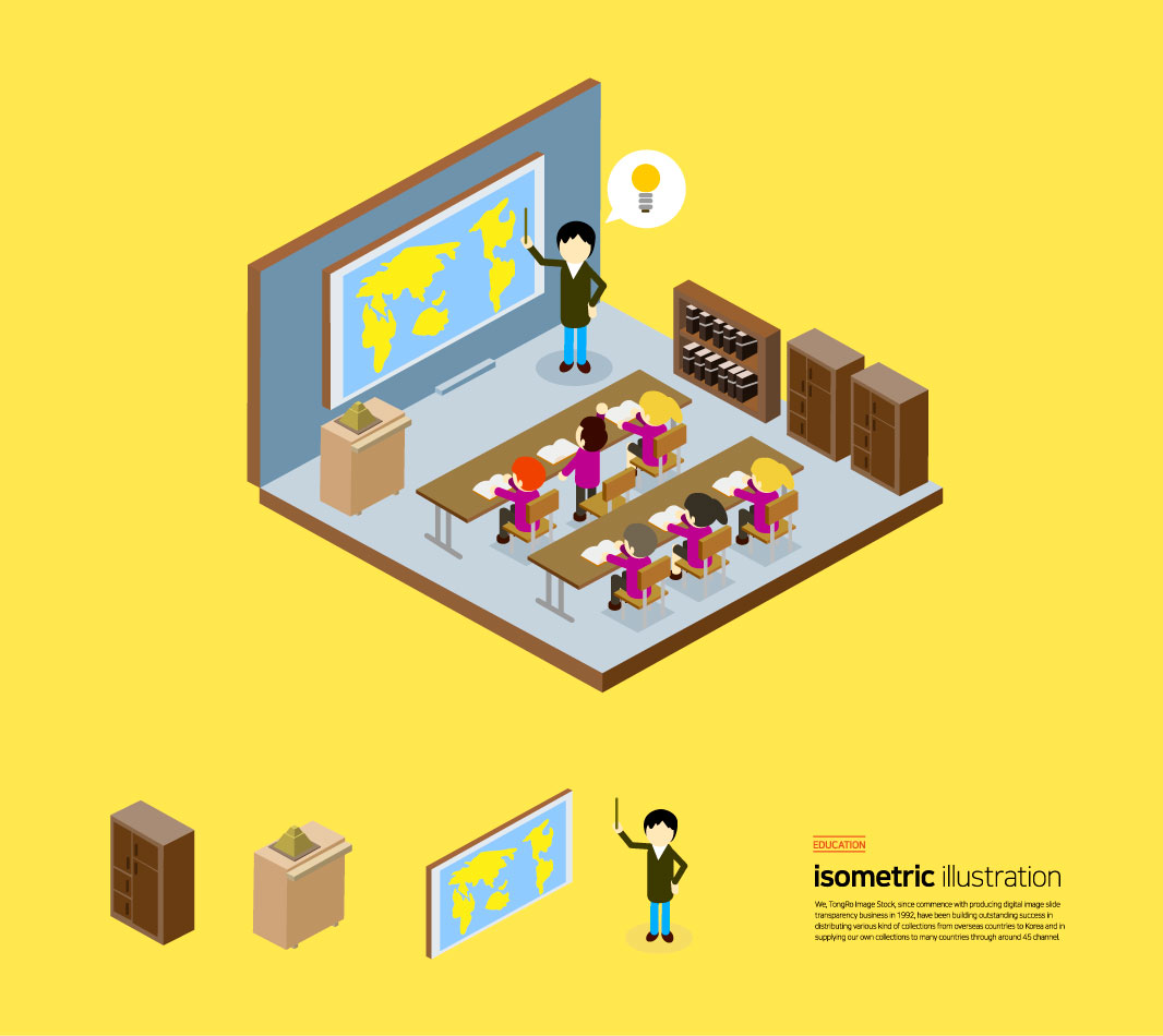 儿童课堂学习教育主题等距插画设计素材