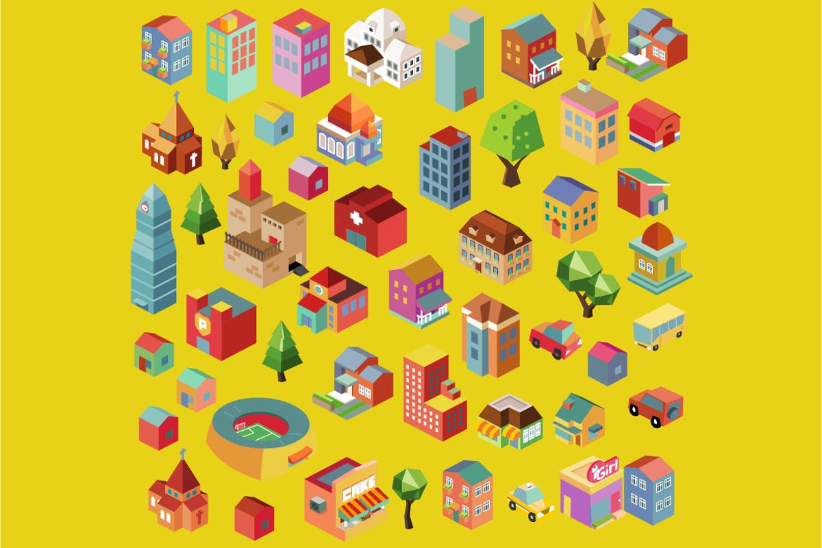 多彩等距城市场景矢量插画v5 Colorful vector isometric city