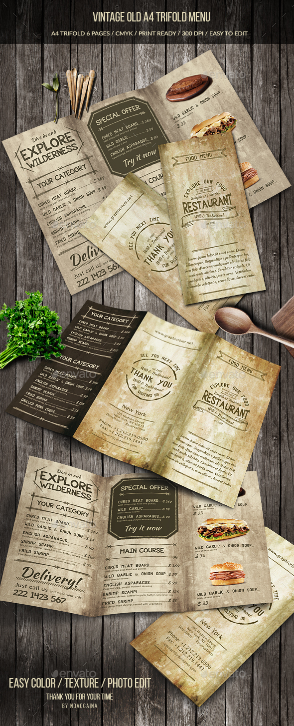 老式复古的三折页食物菜单模板下载 Vintage Old A4 Trifold Menu [psd]
