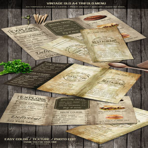 老式复古的三折页食物菜单模板下载 Vintage Old A4 Trifold Menu [psd]