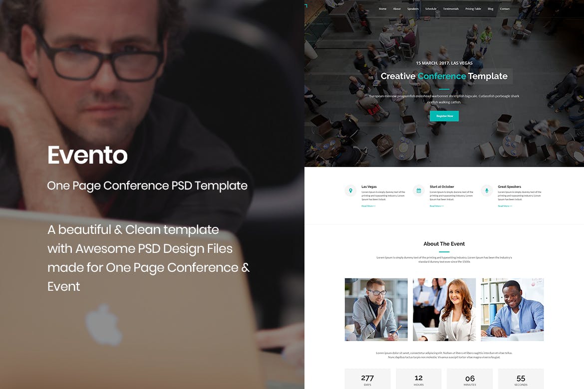 会议&活动主题网站设计PSD模板 Evento – One Page Conference & Event PSD Template