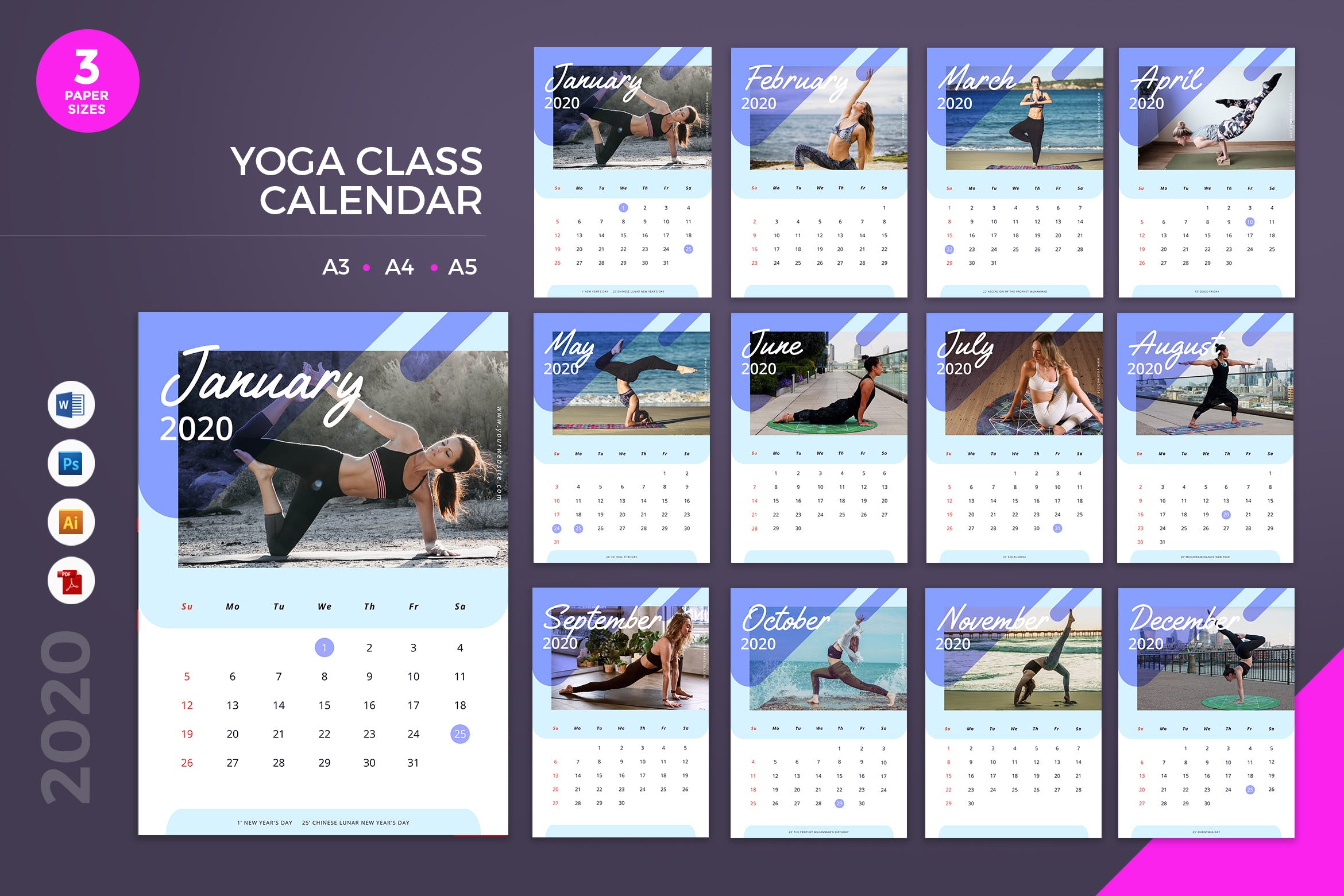 瑜伽馆定制2020年新年日历表设计模板 Yoga Class Calendar 2020 Calendar – AI, DOC, PSD