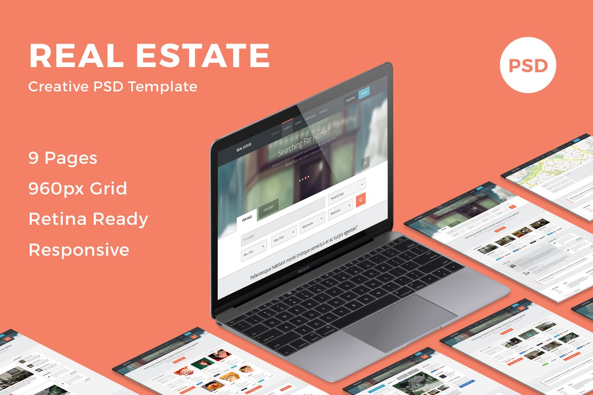 房地产销售中介业务网站设计PSD模板 Real Estate – Creative PSD Template