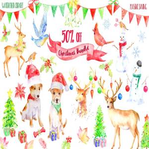 圣诞节主题水彩剪贴画合集 Christmas Clipart Bundle