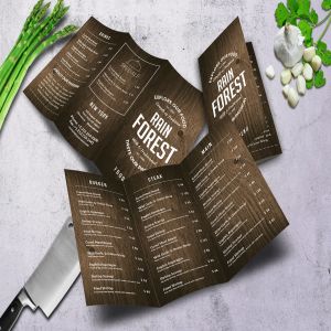 复古木纹三折页食物菜单设计模板 Rain Forest Trifold A4 & US Letter Menu