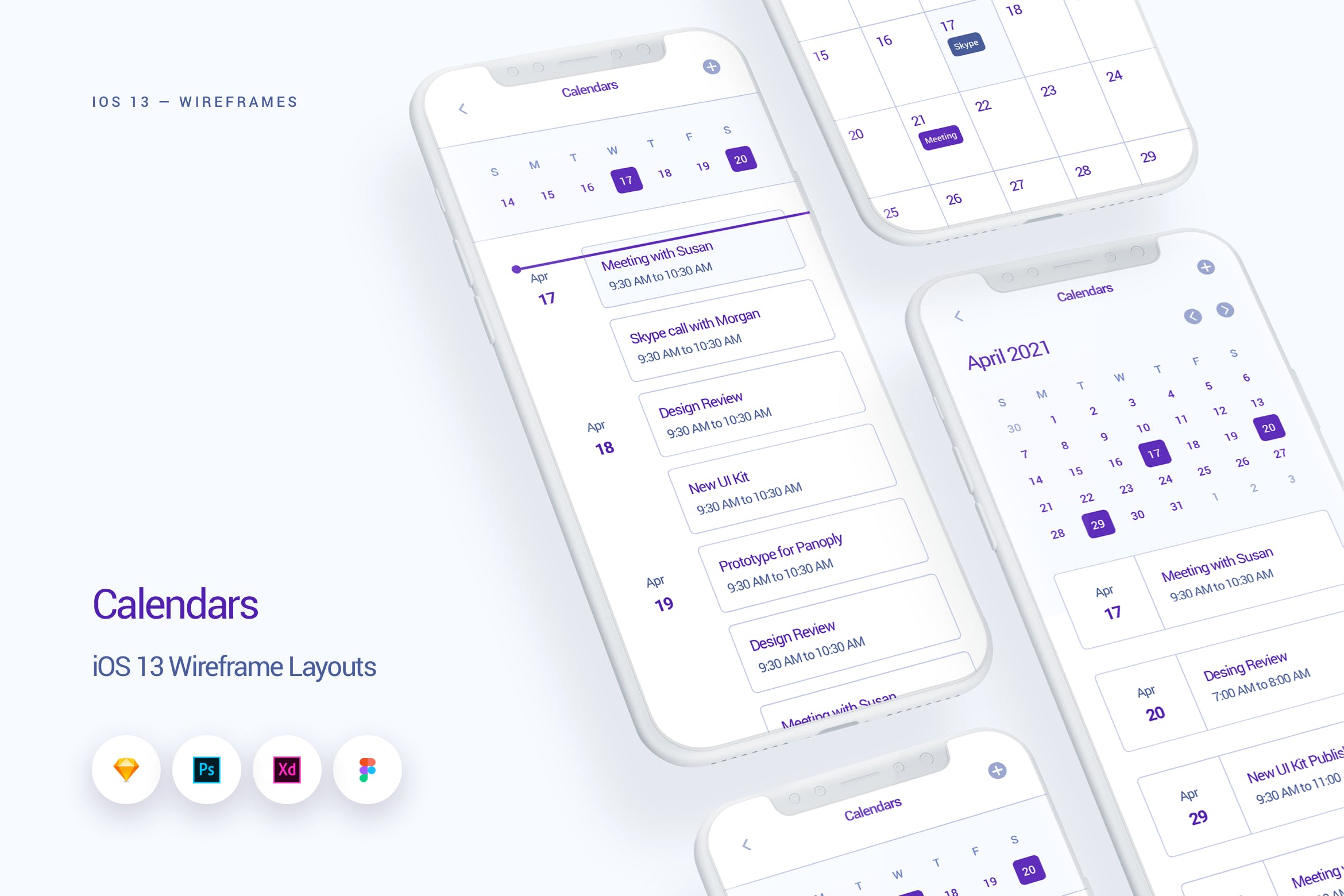 iOS13设计规范之日历APP应用UI设计线框图套件 Calendars – iOS 13 Wireframe Kit