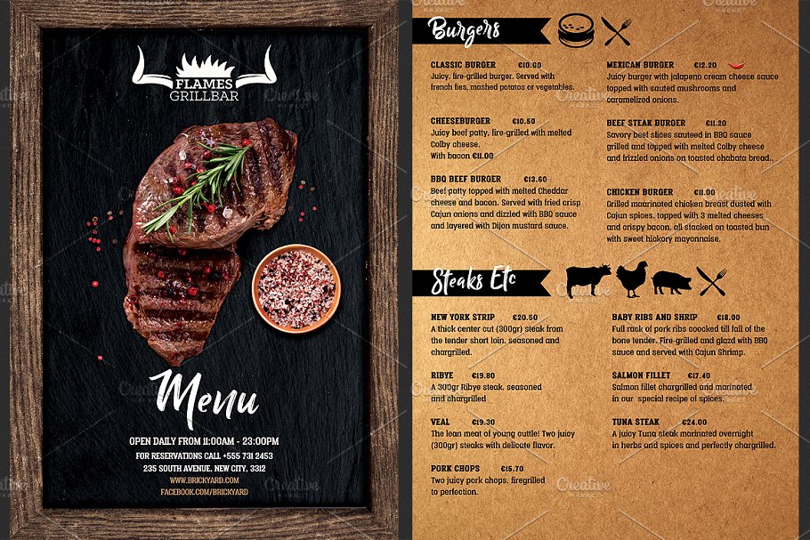 烧烤餐厅菜单传单模板 Grill Restaurant Menu Flyer Template