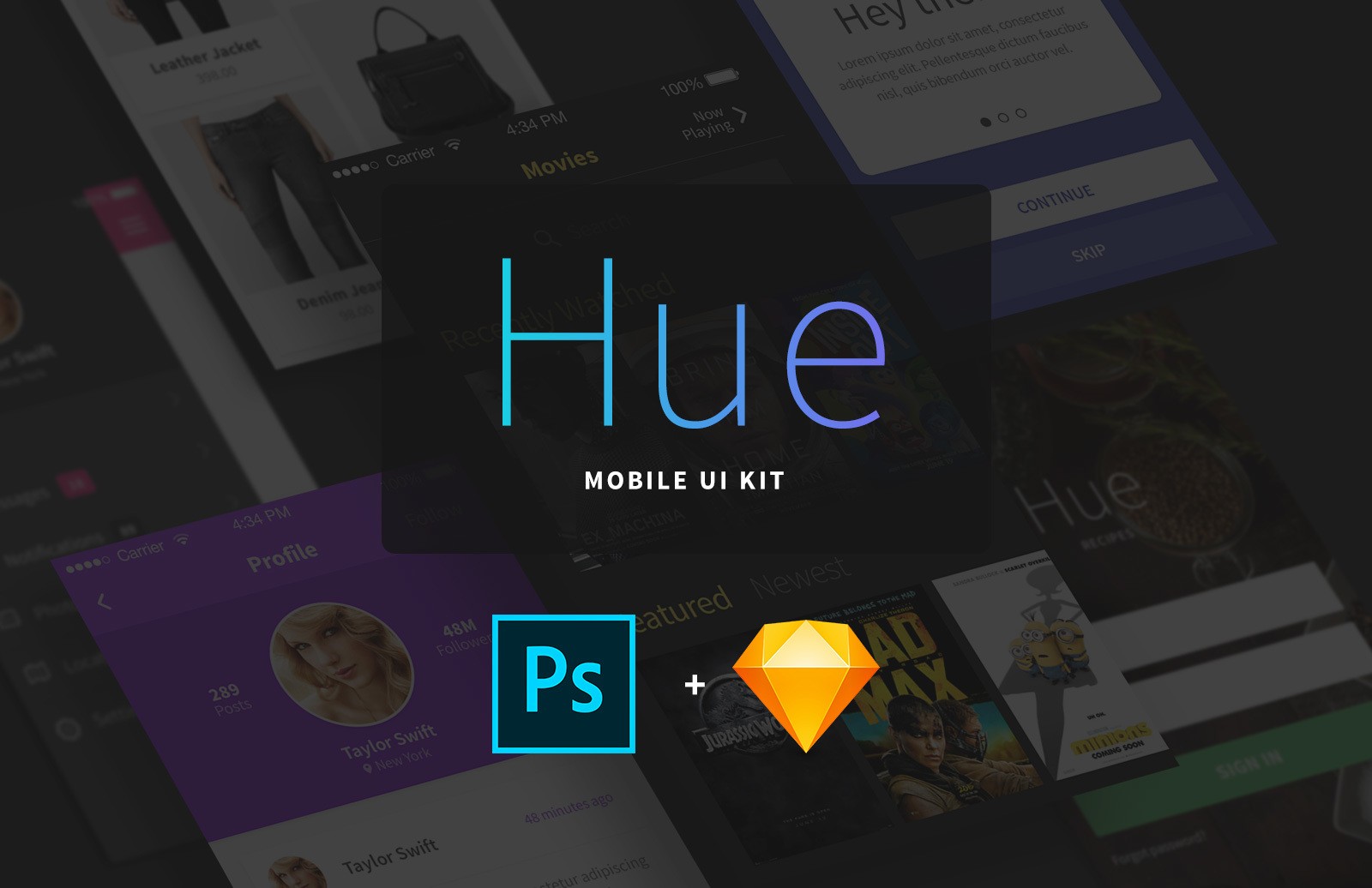 iOS&Android 移动应用 UI 套件组合 Hue – 44 Screens for iOS App Design [PSD, Sketch]