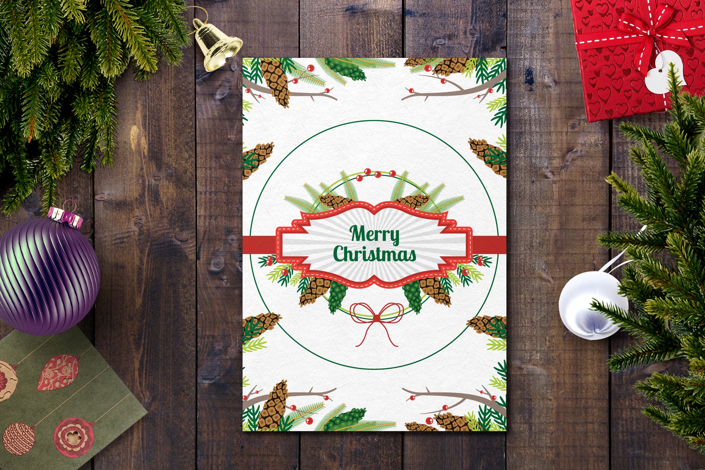 手绘松果装饰元素圣诞节贺卡设计模板 Christmas Card Template