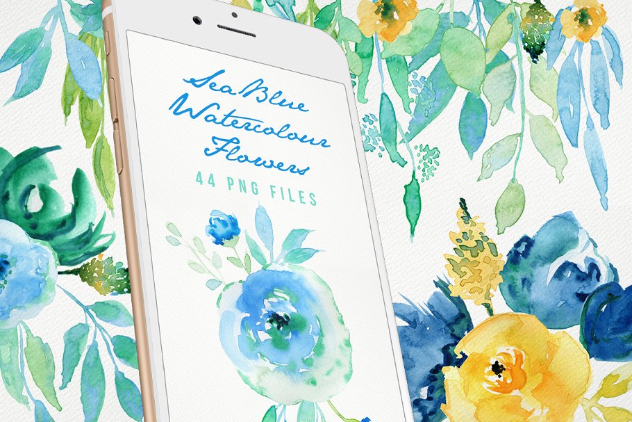 手绘海蓝色水彩花卉图形元素 Sea Blue Flowers