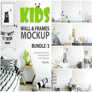 儿童卧室书房墙纸&相框样机 KIDS Interior WALL & FRAMES Mockup 3