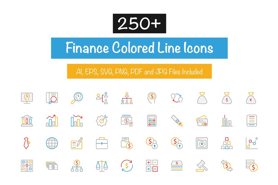250+金融银行主题多彩线条图标素材 250+ Finance Colored Line Icons