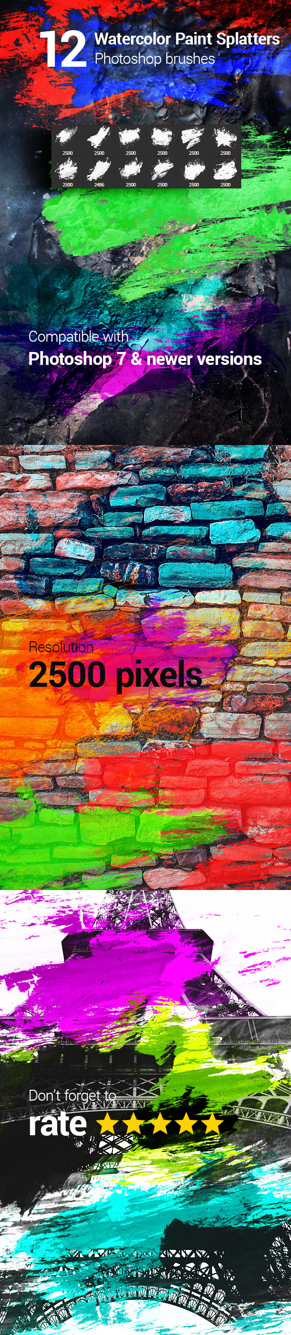 12种水彩颜料喷溅 PS 笔刷 12 Watercolor Paint Splatters Photoshop Brushes