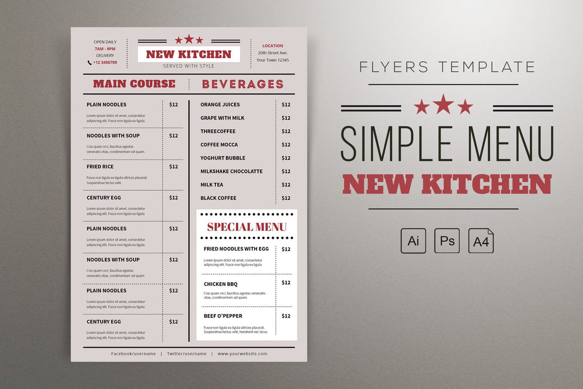 超简约餐厅菜单文字排版设计模板 Flat Menu Resto