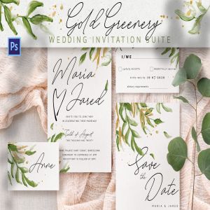 金绿色水彩手绘风格婚礼请柬邀请函设计模板 Gold Greenery Wedding Invitation Suite