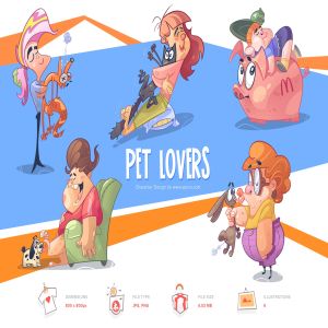 宠物爱好者卡通形象手绘插画PNG素材 Pet Lovers