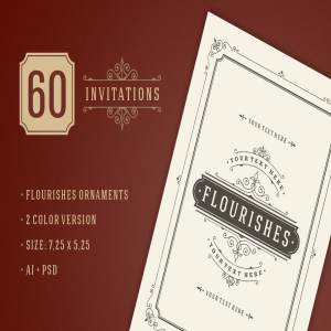 60年代复古风格简约装饰邀请函模板 60 Vintage ornament invitations