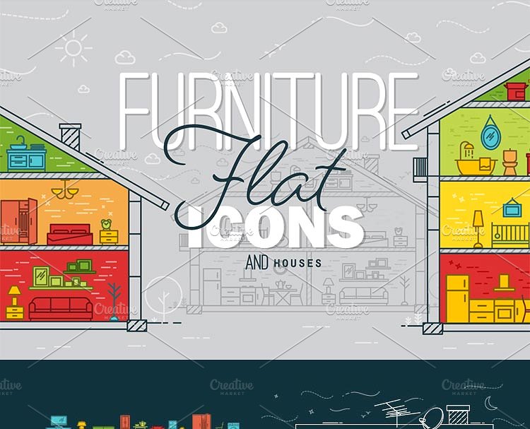 扁平风格家具图标和房屋概念图 Flat furniture icons and houses