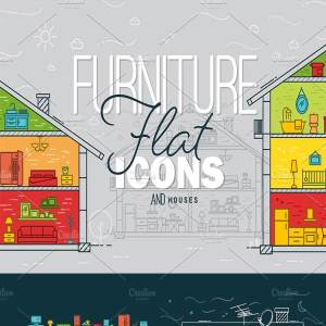 扁平风格家具图标和房屋概念图 Flat furniture icons and houses