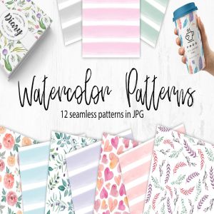 花卉&条纹水彩无缝图案 Watercolor Seamless Patterns. Flowers and stripes