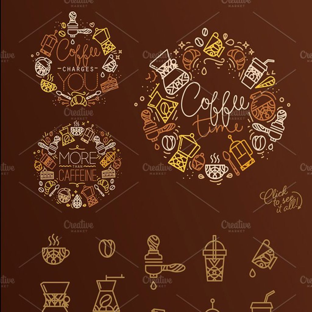 咖啡主题扁平化手绘线条图标插画 coffee flat icons