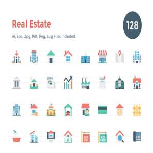 128枚扁平化设计房地产租赁销售主题图标素材 128 Flat Real Estate Icons