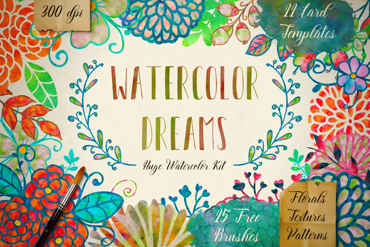 梦幻水彩设计套装 Watercolor Kit + Free Brushes