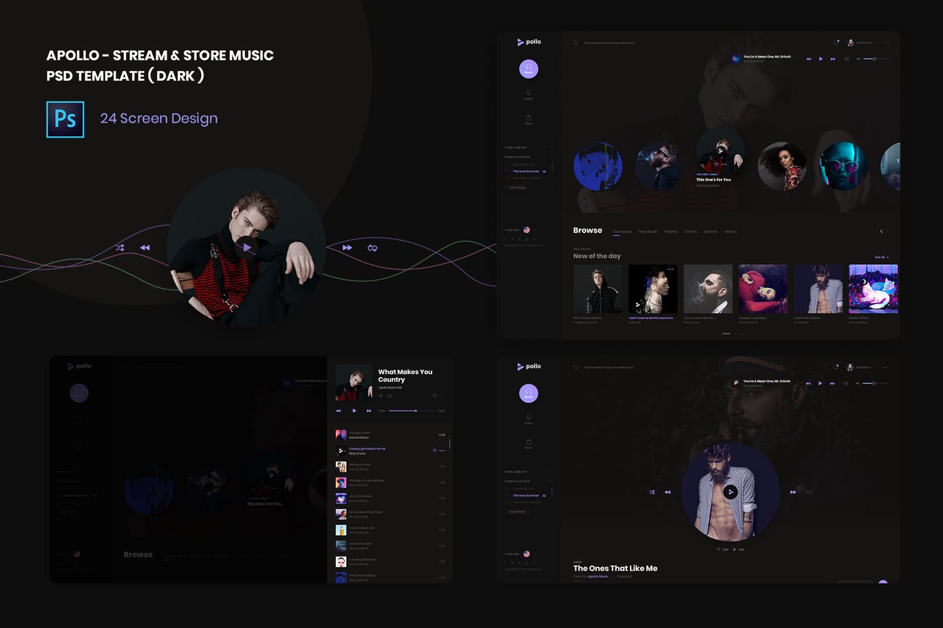 流媒体在线音乐网站UI设计PSD模板 Stream & Store Music PSD Template ( Dark version )