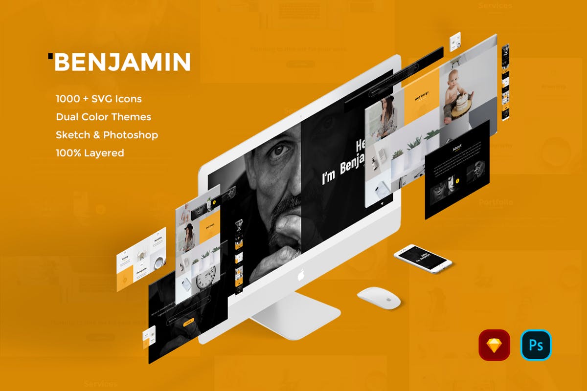 简约创意网站UI设计模板[PSD&Sketch] Benjamin Creative Website UI Kit