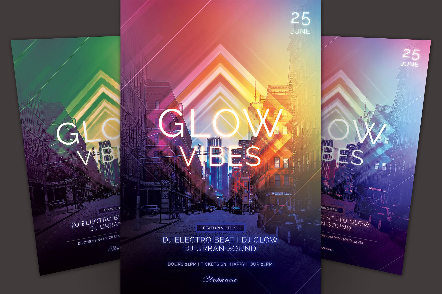 抽象城市背景传单设计模板 Glow Vibes Flyer Template