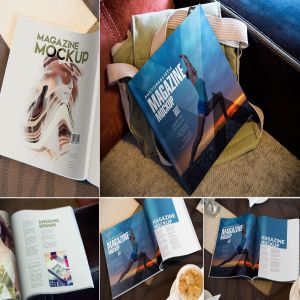 方形时尚杂志封面&内页设计样机模板 Square Fashion Magazine Mockup