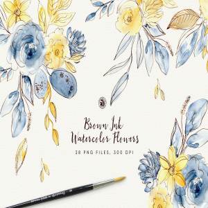 棕色油墨手绘水彩花卉元素 Brown Ink Watercolor Flowers