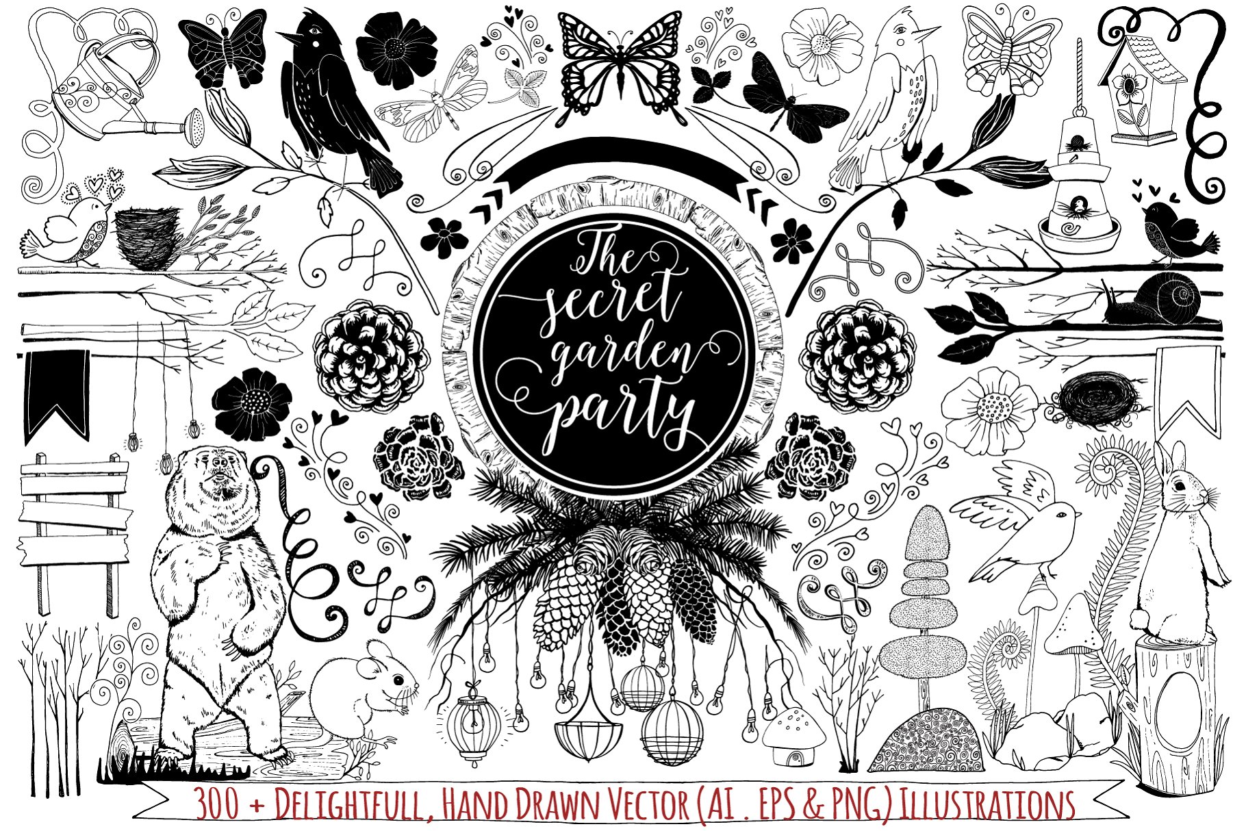 森林动物异想天开花园手绘设计元素 Woodland Animals Whimsical Garden