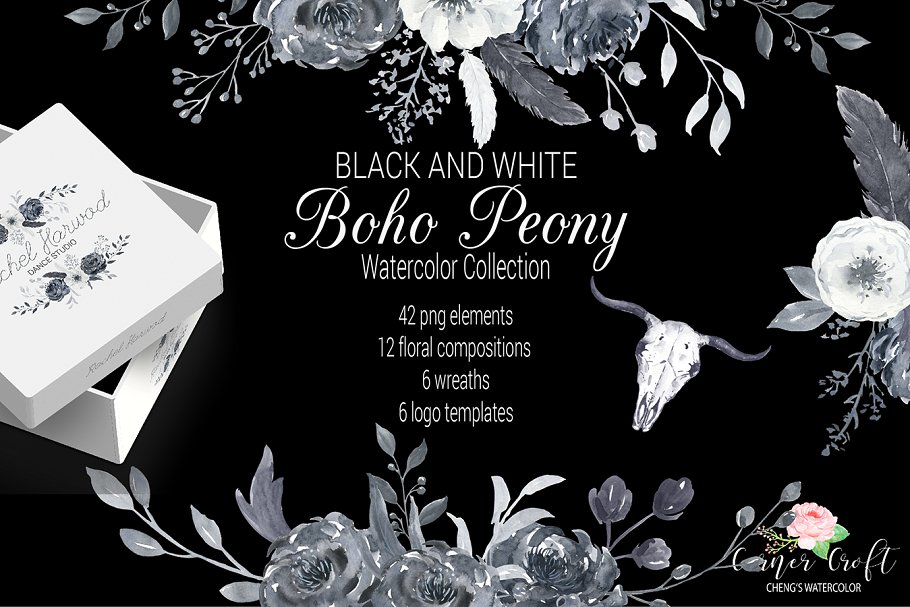 黑白色牡丹花水彩剪贴画 Boho Peonies Black and White