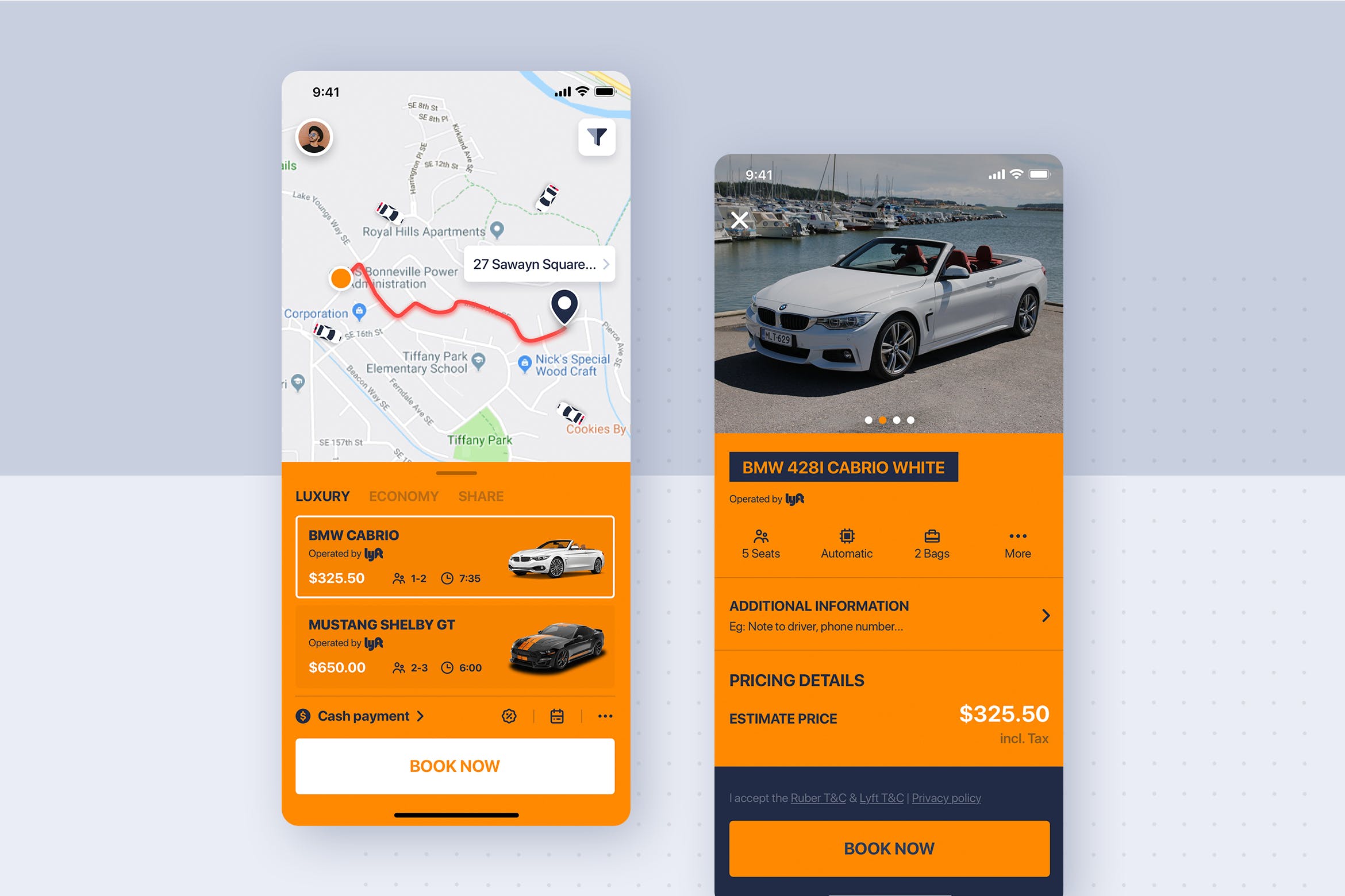 类滴滴打车APP应用车主详情界面设计模板 Car rental mobile UI Kit – Car Details