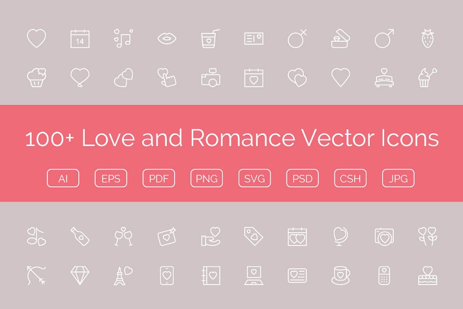 100+爱情和浪漫主题矢量图标 100+ Love and Romance Vector Icons