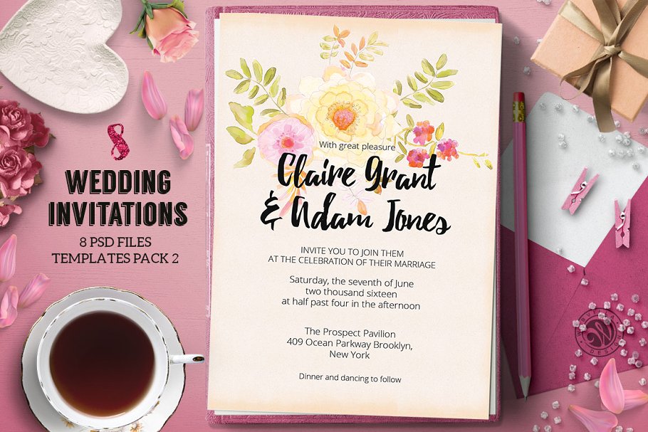 8款粉色少女元素婚礼邀请函模板 8 Wedding Invitations Pack 2