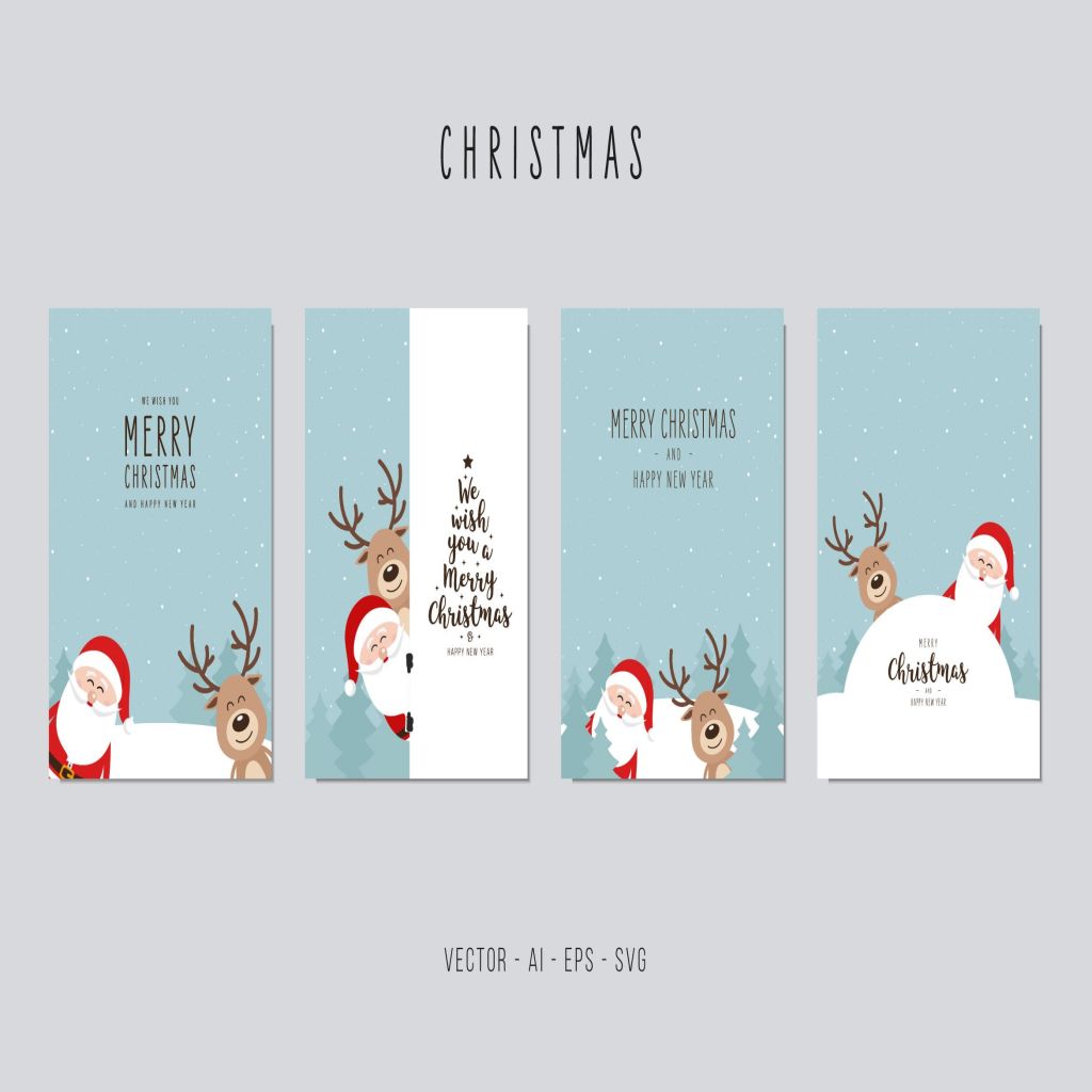 圣诞老人/驯鹿矢量圣诞节贺卡设计模板v1 Christmas Santa Claus and Reindeer Vector Card Set插图