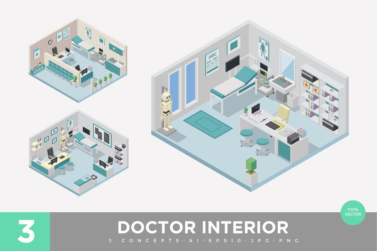 医生门诊2.5D等距概念场景插画素材v1 3 Isometric Doctor Clinic Interior Vector Set 1