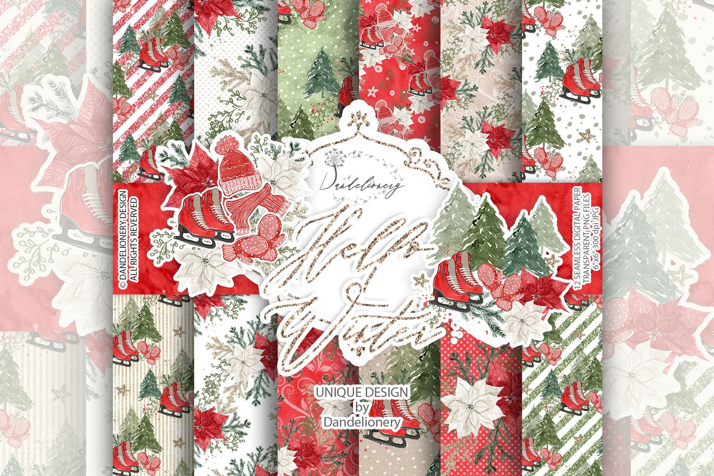 冬季主题手绘装饰图案数码纸张设计素材 Hello Winter digital paper pack