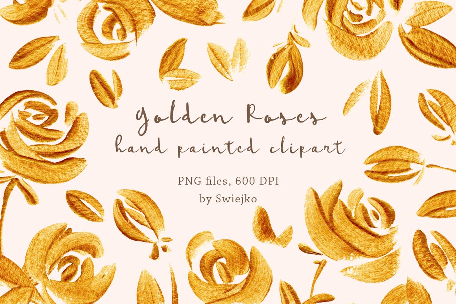 23个豪华手绘金玫瑰剪贴画集合 Golden Roses clipart set