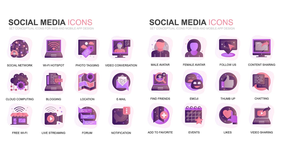 现代扁平化渐变设计风格社交媒体主题图标素材