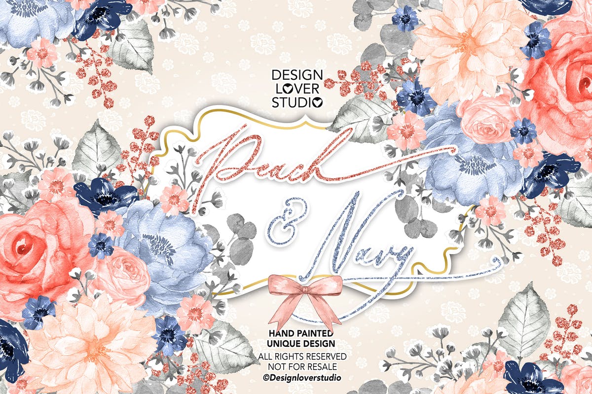 桃红色&海军蓝水彩剪贴画设计素材 Watercolor Peach and Navy design
