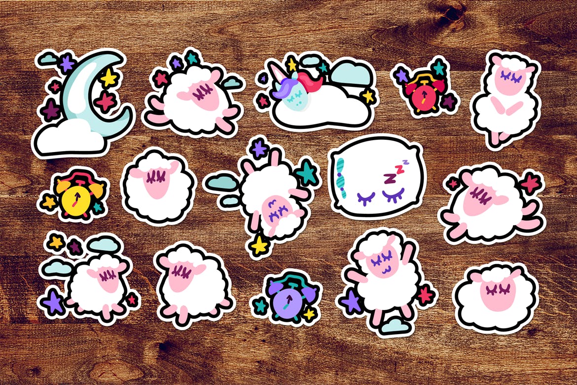 有趣可爱的晚安贴纸画手绘矢量图形设计素材 Fun Good Night Stickers Set