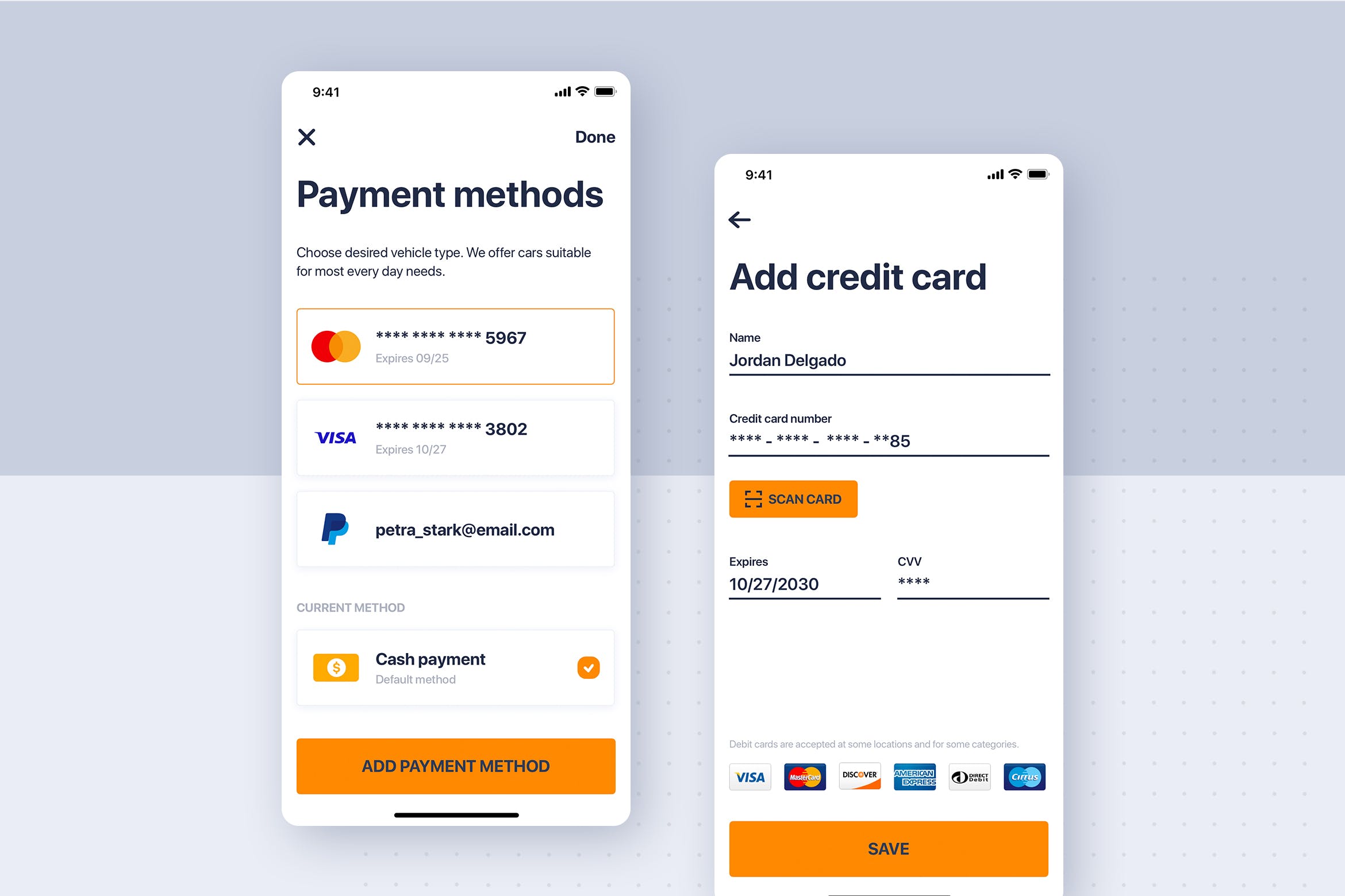 类滴滴打车APP应用支付方式界面设计模板 Car rental mobile UI Kit – Payment Method