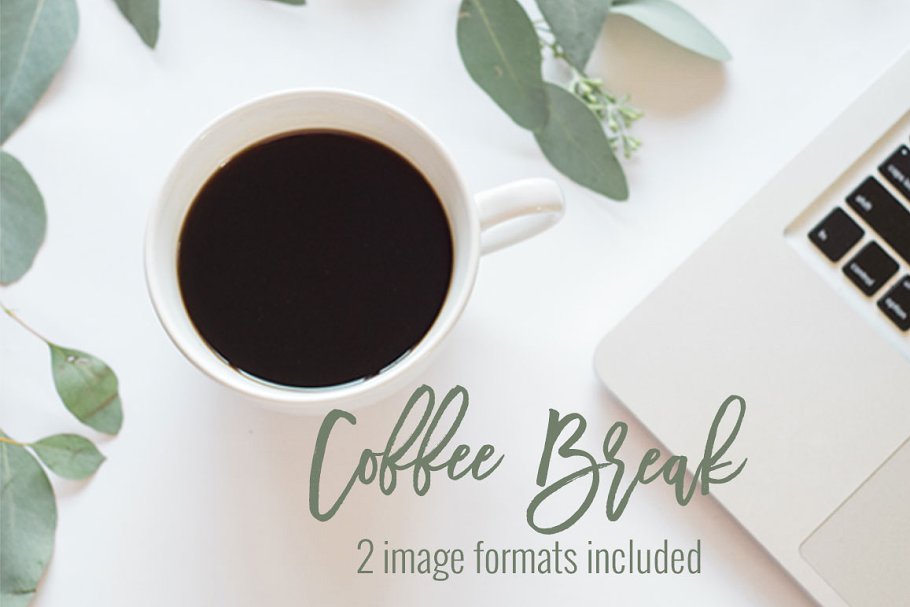 笔记本电脑，咖啡&桉叶场景样机 Coffee, Laptop  & Eucalyptus | Stock