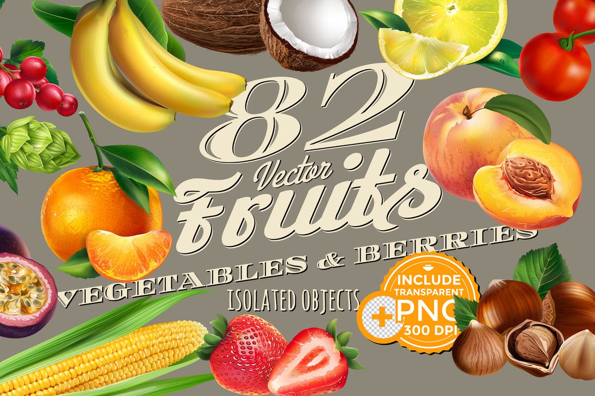 82张水果/浆果/蔬菜矢量剪贴画大合集 82 Fruits, Berries and Vegetables